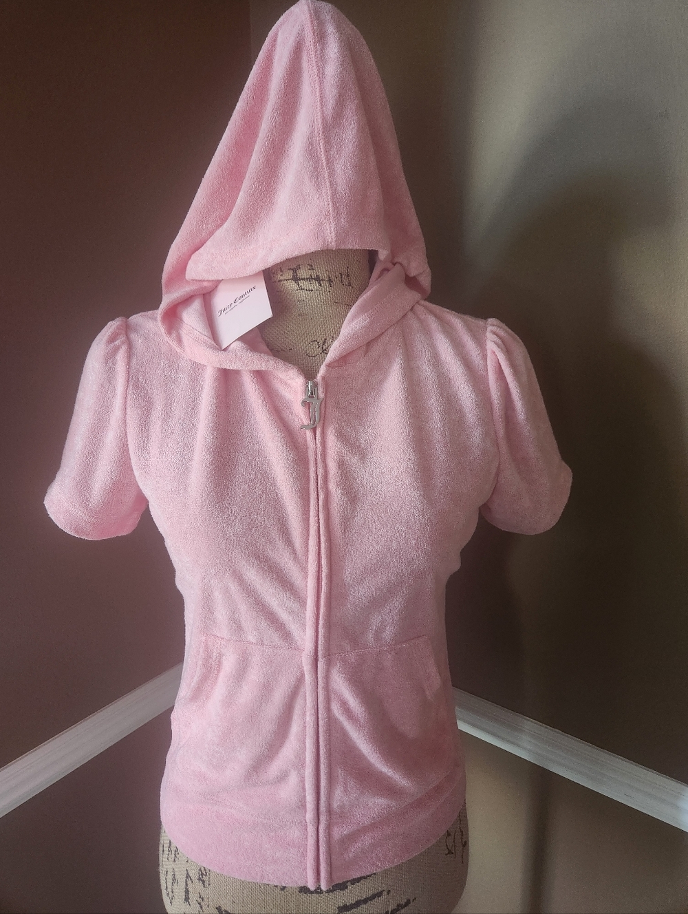NWT Juicy Couture Pink Terry Cloth Short Sleeve Hoodie With Pockets - Picture 2 of 10
